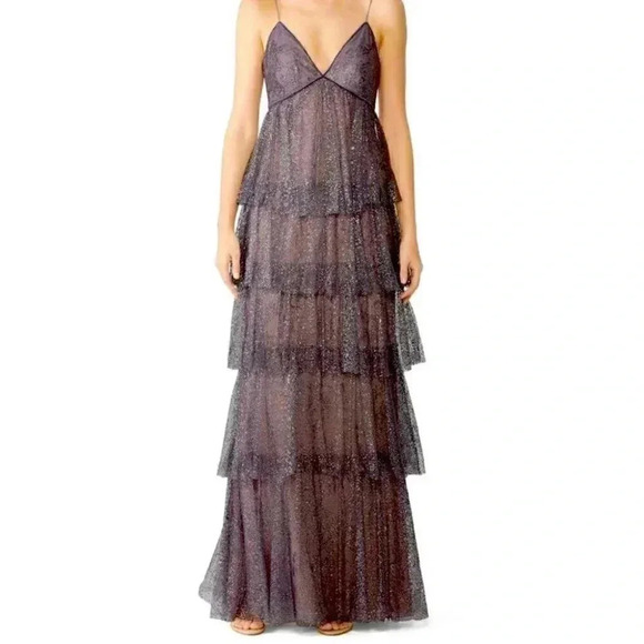 NWT Marchesa Notte Silver Grey Sparkle Tulle Tiered Sleeveless Gown Dress 10 - Picture 4 of 15